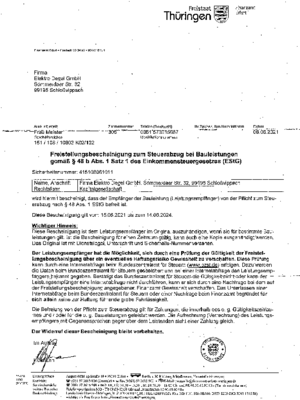 Freistellungs bescheinigung bei Elektro Degel GmbH in Schloßvippach