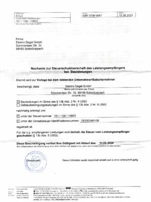 Nachweis zur Steuerschuldnerschaft bei Elektro Degel GmbH in Schloßvippach